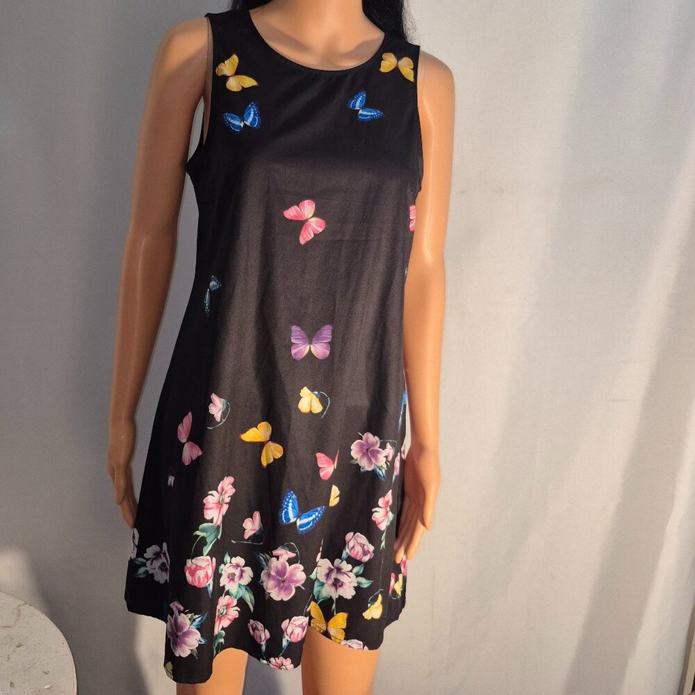 SHEIN sleeveless dress, black w/ colorful butterfly pattern in size XS